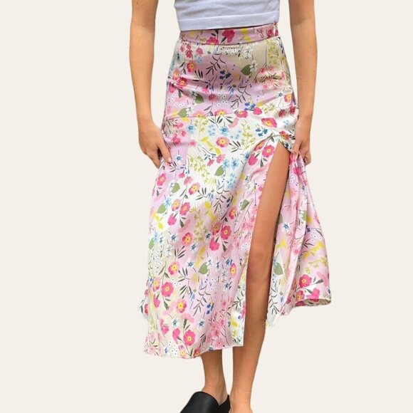 Zara Floral Satin Effect Asymmetric Midi Skirt Size XS - Picture 3 of 10